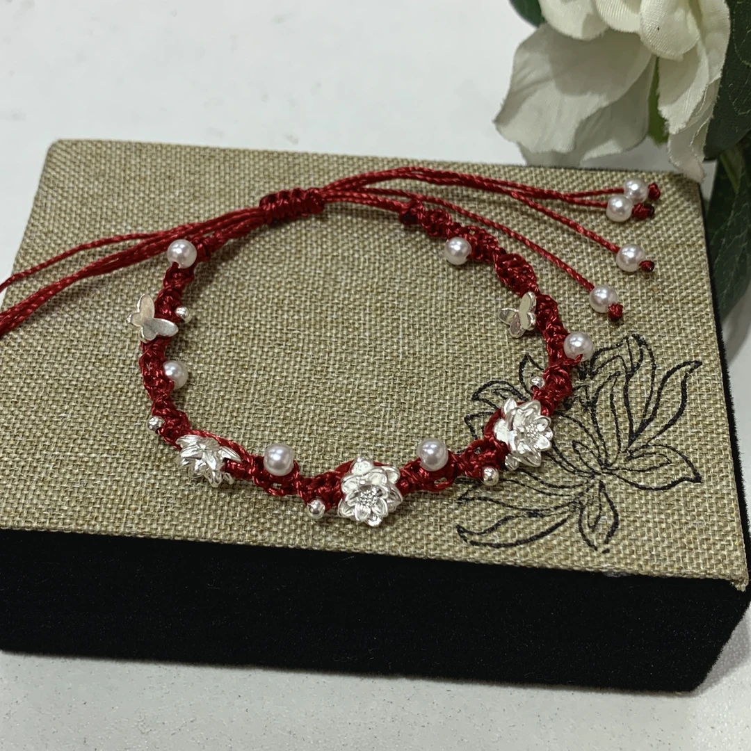 足银手链 三世情缘莲花手链时尚情侣编织925纯银百搭红色古风简约