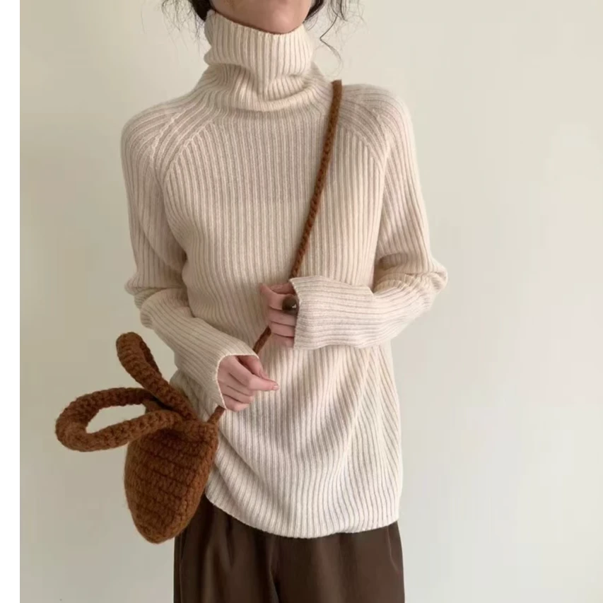 2024秋冬新款羊毛衫高领打底衫推推领简约竖条纹软糯显瘦针织衫女