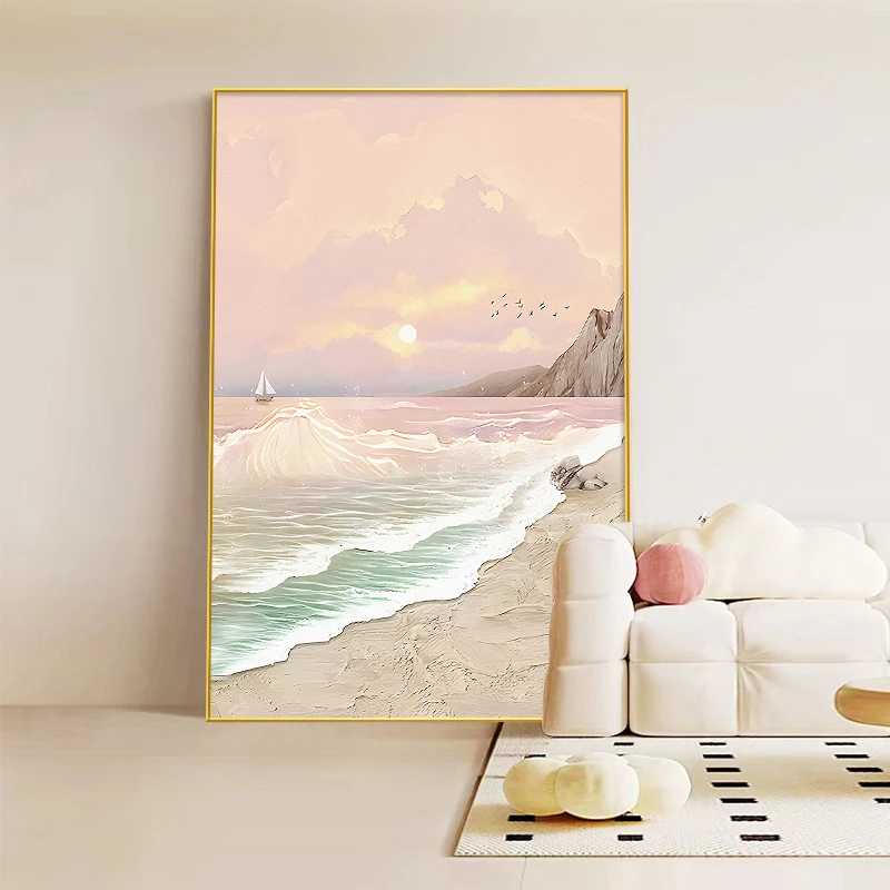 奶油风海浪客厅装饰画新款大海金山沙发背景墙落地画入户玄关挂画