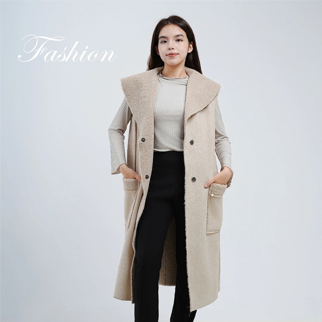 QUGOU奇谷/大衣女士长款宽松冬季保暖时尚气质米色