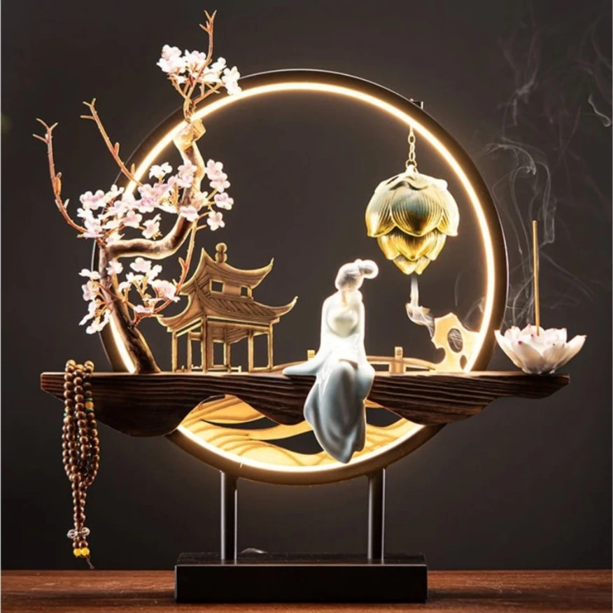 中式摆件倒流香带灯圈玄关客厅台灯装饰品办公室微景观节日送礼
