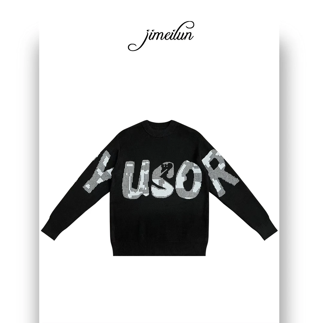 欧货英文提花圆领毛衣秋冬男士加厚抗起球轻奢套头高密针织衫宽松