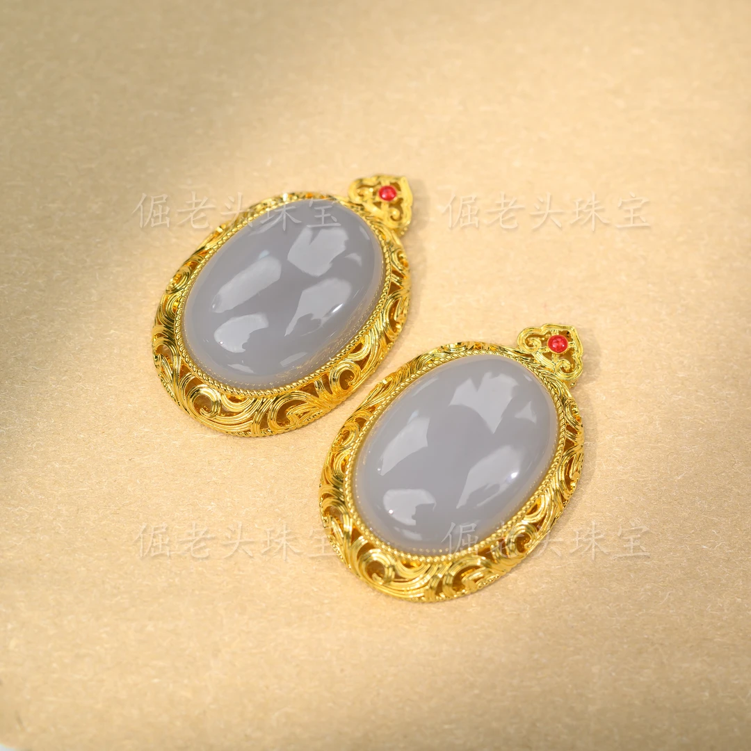 【倔老头工厂】999足金镶嵌和田玉烟紫鸽子蛋吊坠/配银链多样性发一