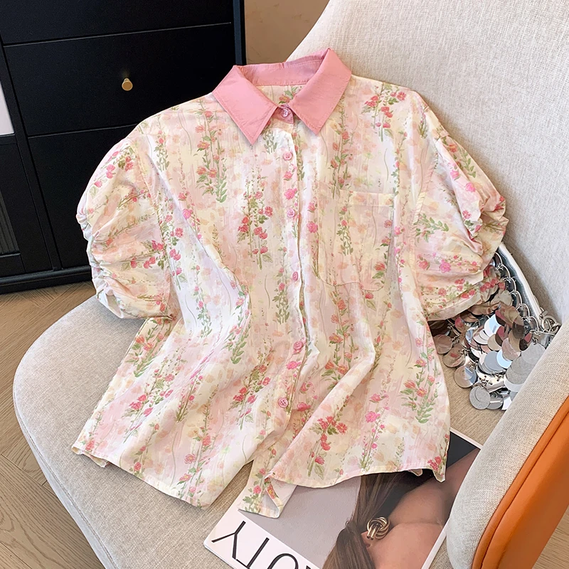 时尚短袖轻薄显瘦衬衫女夏季新款独特别致绝美泡泡袖碎花上衣内搭