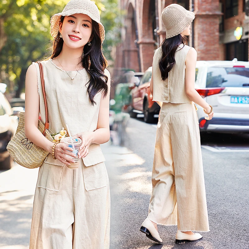 欧货2025夏装新款棉麻套装女无袖套头上衣直筒休闲阔腿裤两件套