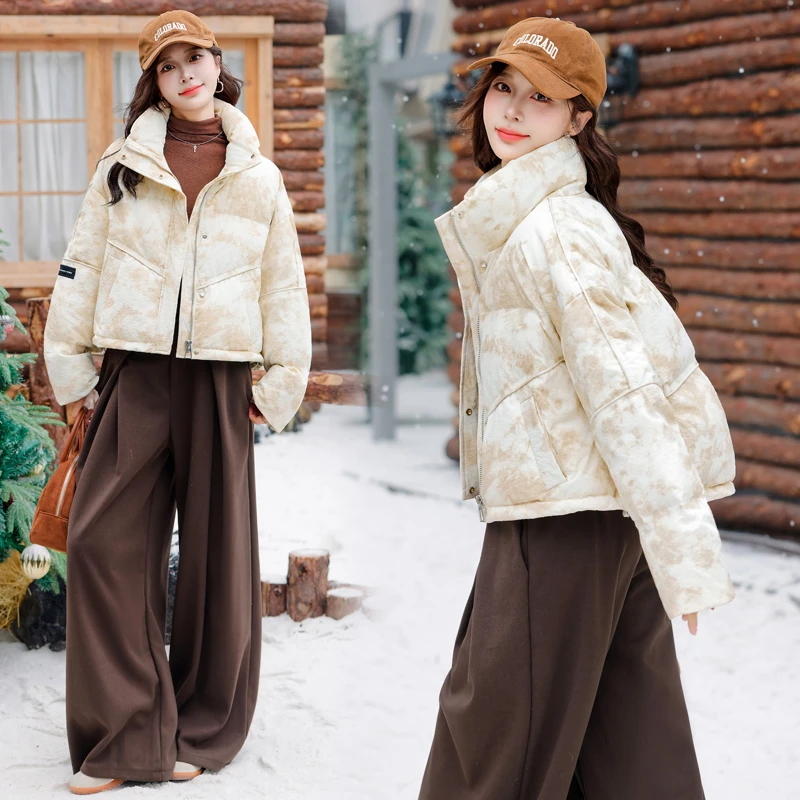 欧洲站2025新款冬装水墨晕染韩版百搭时尚短款加厚羽绒服外套女