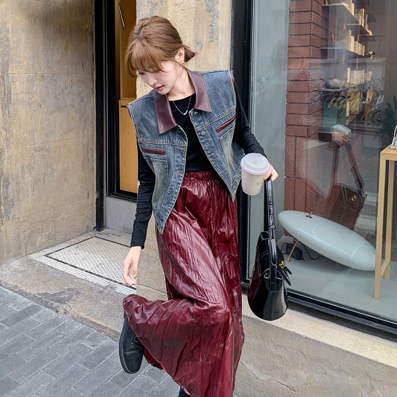 欧货2025春秋新款洋气减龄撞色拼接牛仔套女高级感三件套马甲上衣