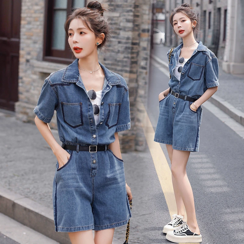小个子牛仔连体裤女夏季薄款2025减龄高腰阔腿短裤时尚工装连衣裤