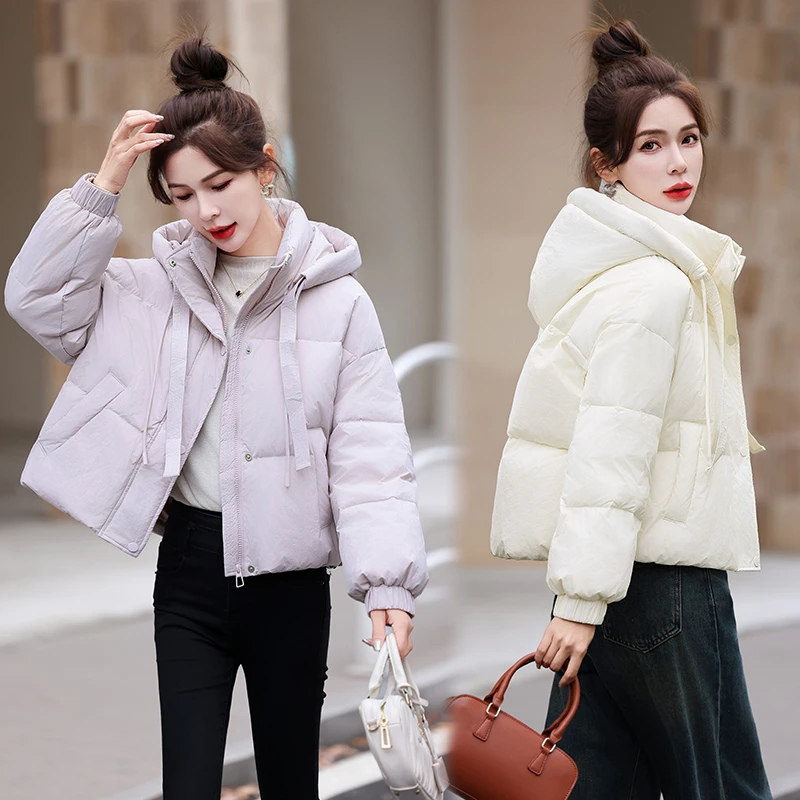 欧货2024冬装新款宽松显瘦短款羽绒服女小个子白鸭绒连帽保暖外套