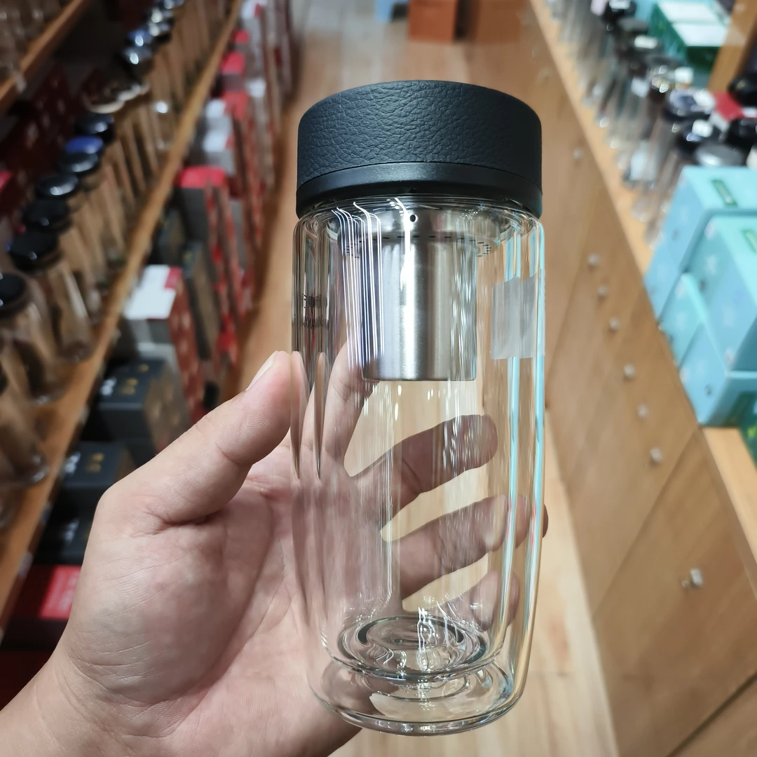 双层鹅蛋玻璃杯V17L男士加厚隔热皮纹大肚车载泡茶水杯子V21L