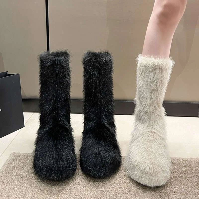 韩版雪地靴女冬2023年新款网红洋气毛毛靴侧拉链短毛加绒保暖棉鞋
