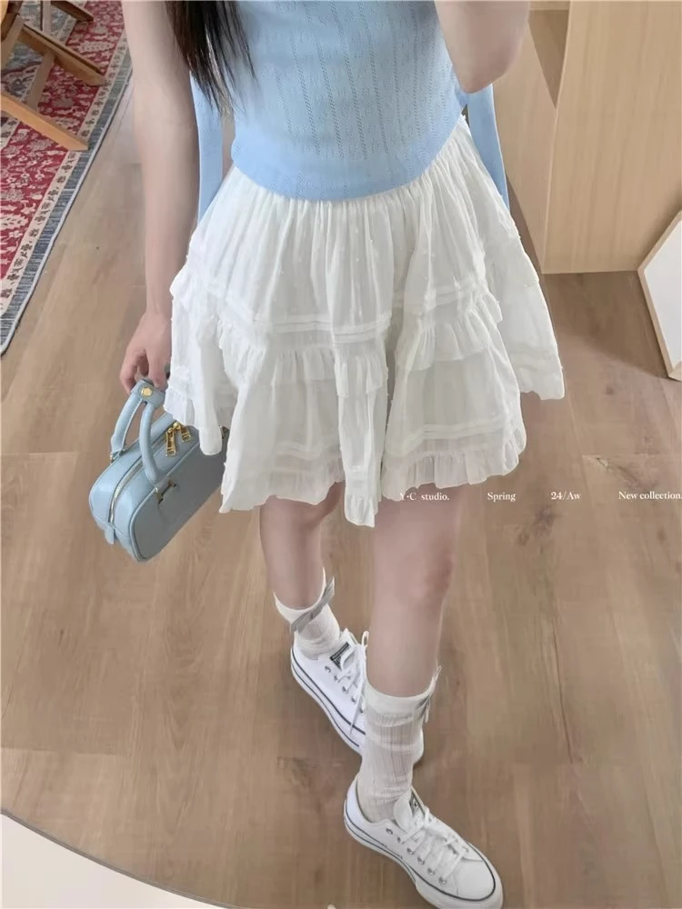 白色木耳边半身裙女夏季薄款松紧腰小个子蛋糕裙蓬防走光蓬短裙