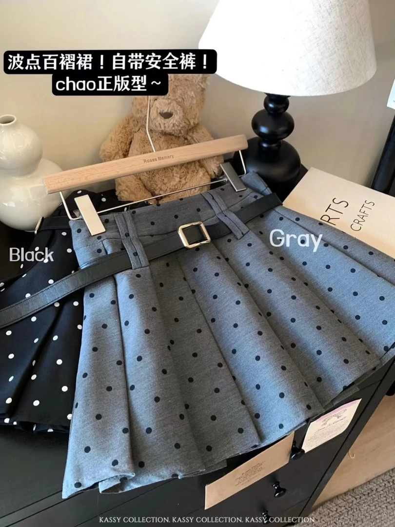 黑色美式波点高腰半身裙女早秋新款防走光显瘦百褶裙百搭A字短裙