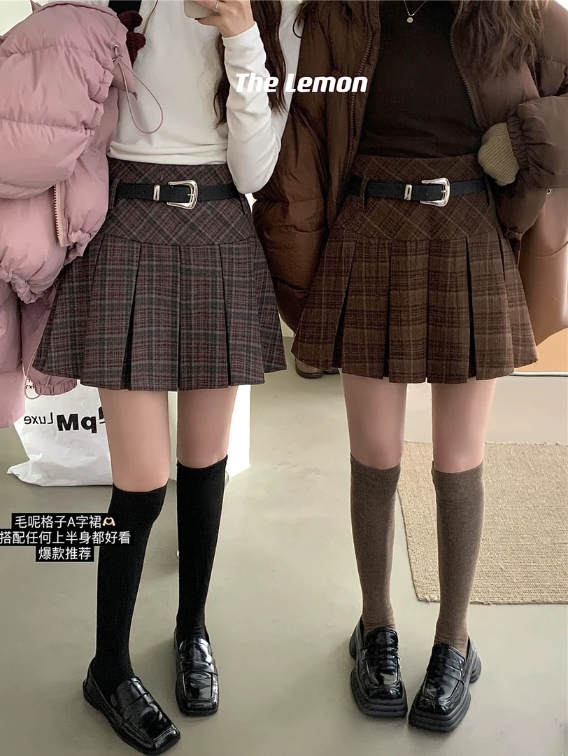 毛呢秋冬新款半身裙女学院风复古格子气质百褶裙高腰显瘦a字短裙