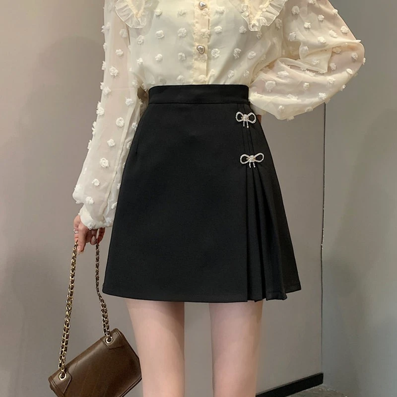 蝴蝶结百褶短裙女夏季薄款设计感a字裙气质半身裙高腰显瘦包臀裙