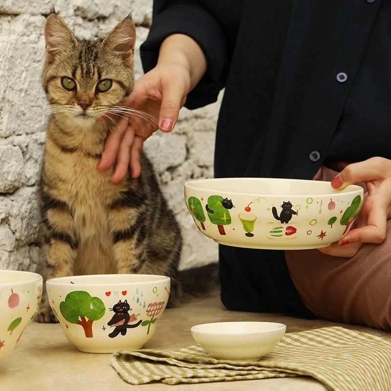 F05 蓝莲花猫咪奶油风葫芦餐具陶瓷卡通碗春意7寸葫芦深盘