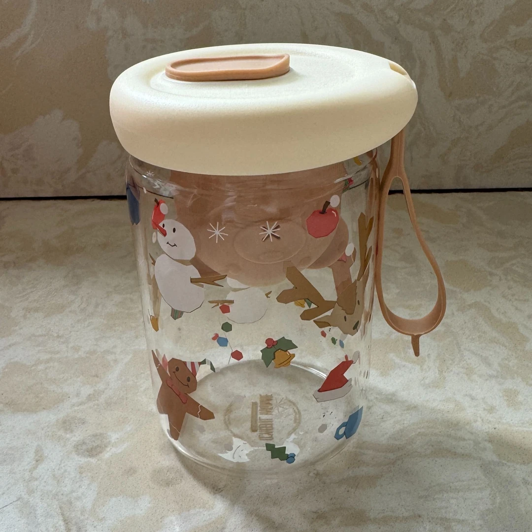 E678 西比尔纸片圣诞玻璃吸管杯耐高温家用茶仓杯随行杯带刻度