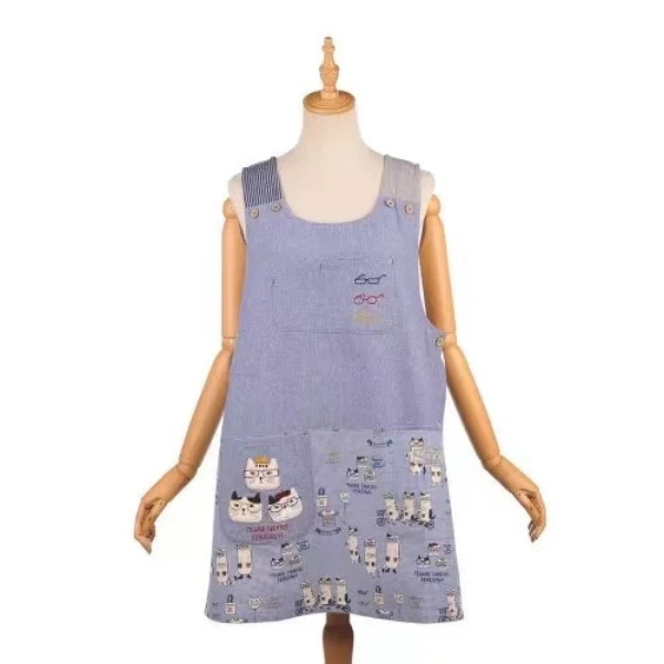 K20 刺绣眼镜猫围裙家蓝色