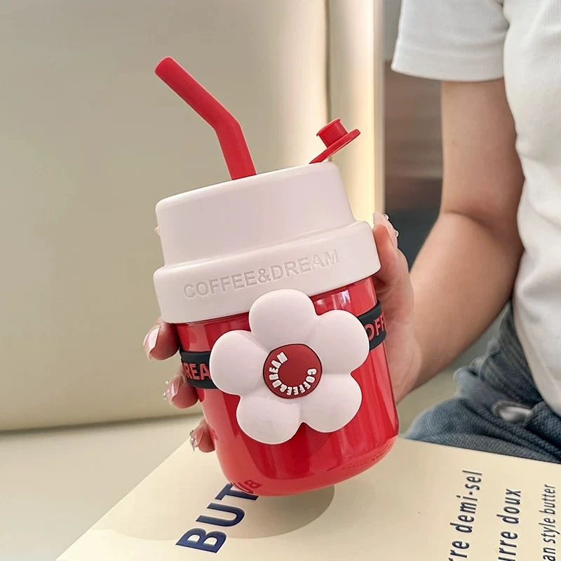 F781 花朵吸管杯红色400ml