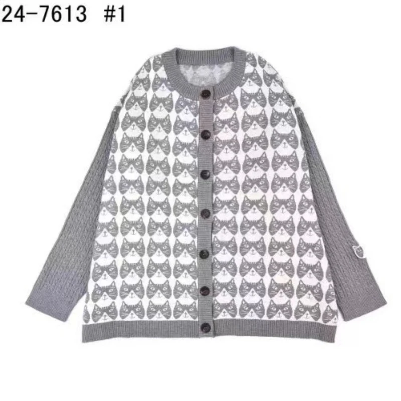 H338 猫咪印花提花毛灰色针织外套