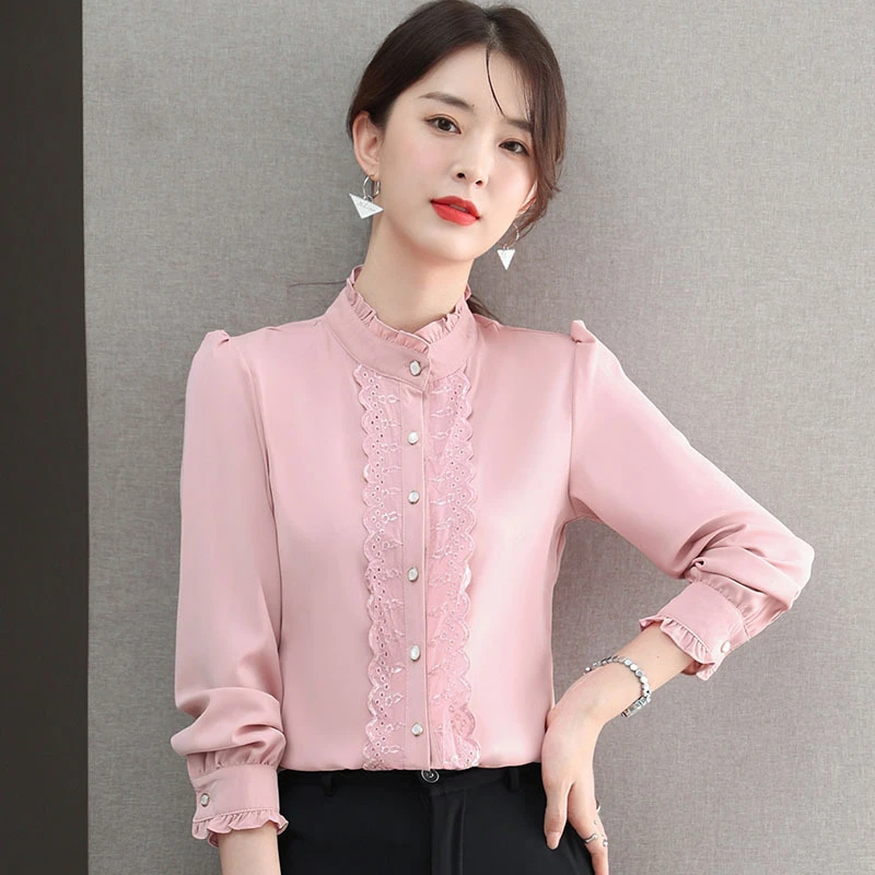 时尚长袖雪纺衬衫女士2023秋季新款上衣漂亮洋气立领小衫早秋衬衣