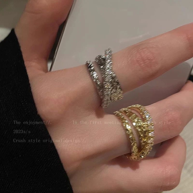 铜合金戒指 交叉锆石开口戒指女ins小众设计高级感食指戒情侣指环