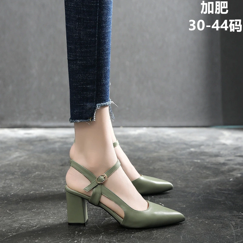 尖头粗跟高跟鞋小码一字扣时装韩版潮流凉鞋OOTD包头简约