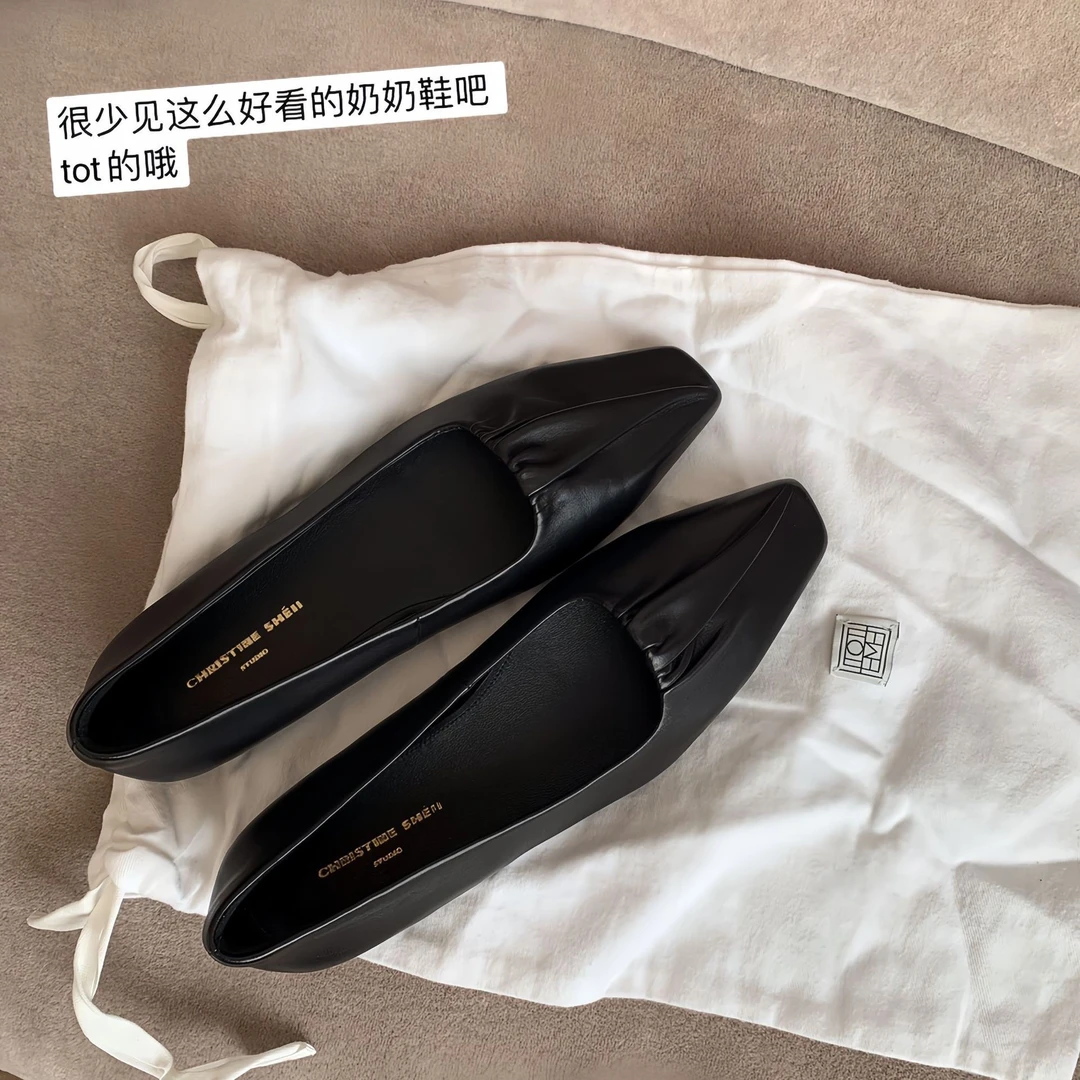 【sheii苏茵同款】时尚~tote进口百搭方头平底奶奶鞋女单鞋女黑色