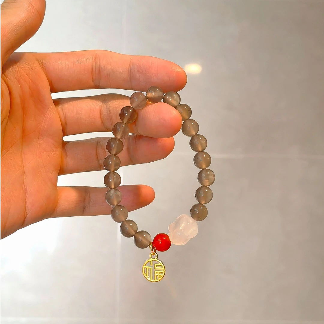 天然 烟紫玛瑙 白玉髓趴趴兔 卡8 原创手串