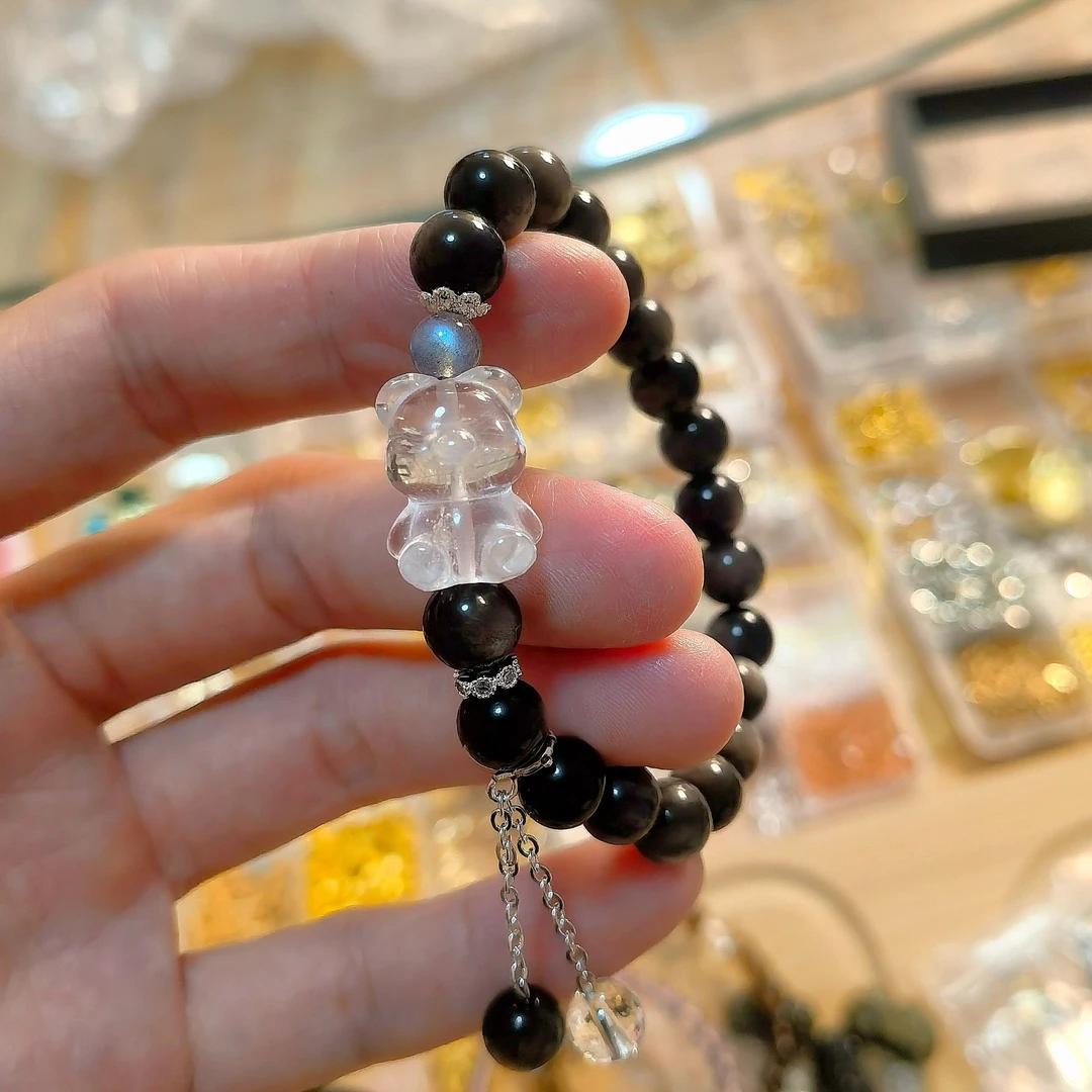 天然 银曜石 灰月光 白水小熊 卡8 原创手串