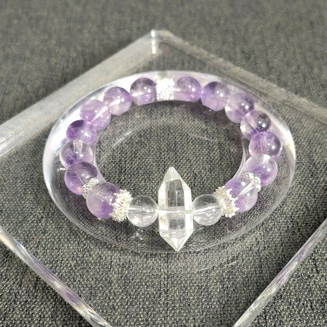 天然 紫兔毛 白水晶 白水晶双尖六角柱 卡10 原创手串