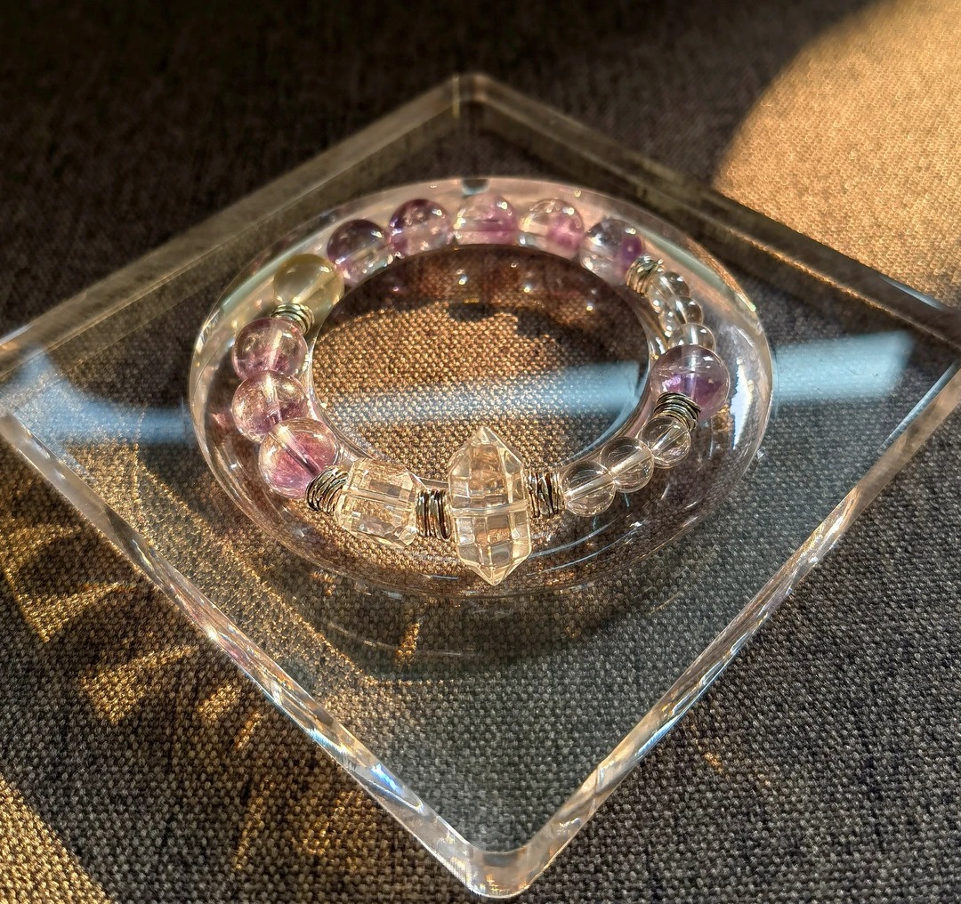 天然 高品紫兔毛 黄水晶 白水晶方糖 白水六角柱 卡10 手串—362