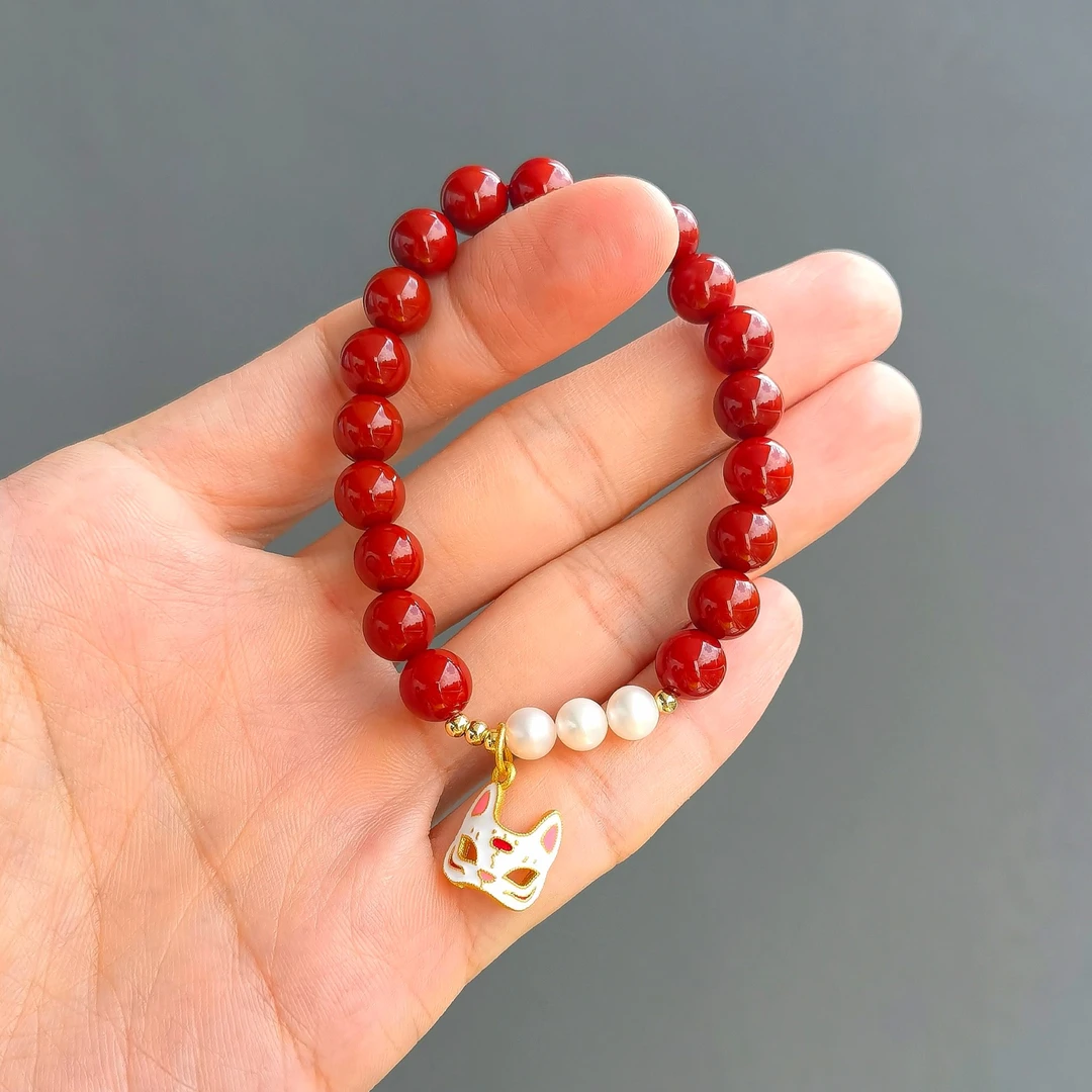 天然 南红 狐狸面具 卡8 原创手串—373