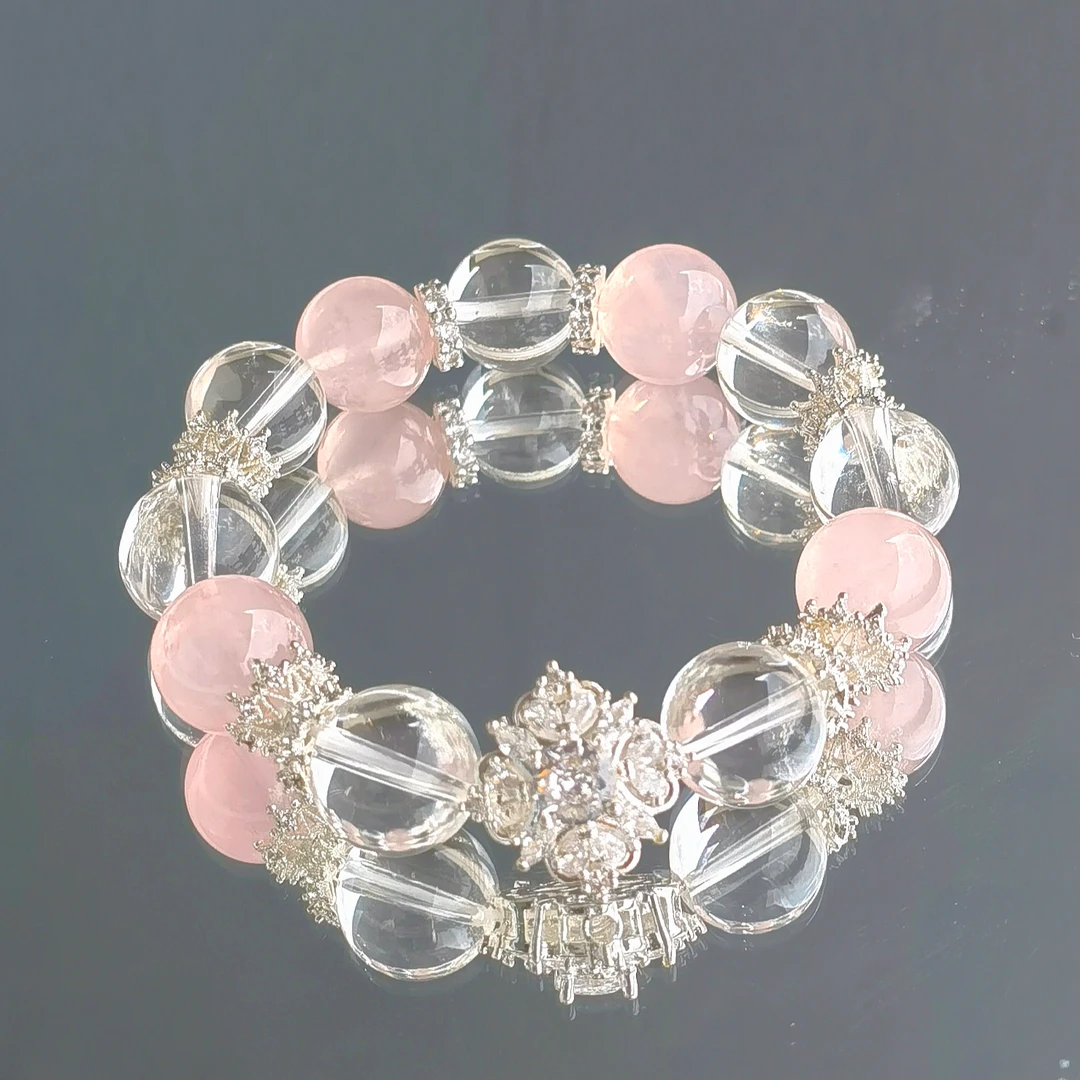 天然 西柚粉水晶 白水晶 魔盒 卡12 原创手串