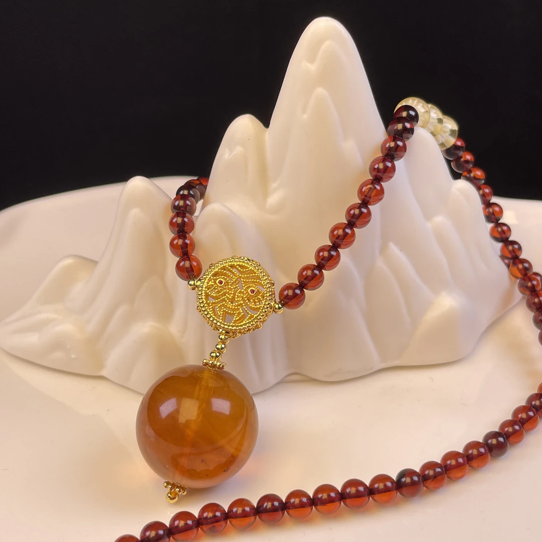 天然缅甸灵草珀22+mm血珀珠链项链吊坠毛衣链时尚轻奢百搭