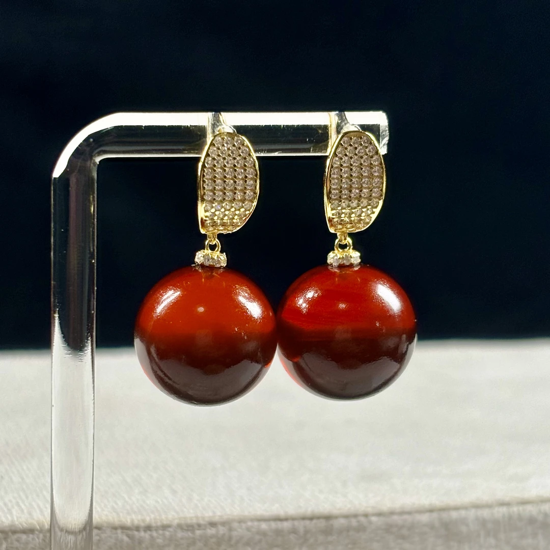 天然缅甸血珀17+mm圆珠耳扣吊坠两用款时尚红色气质精致复古金色