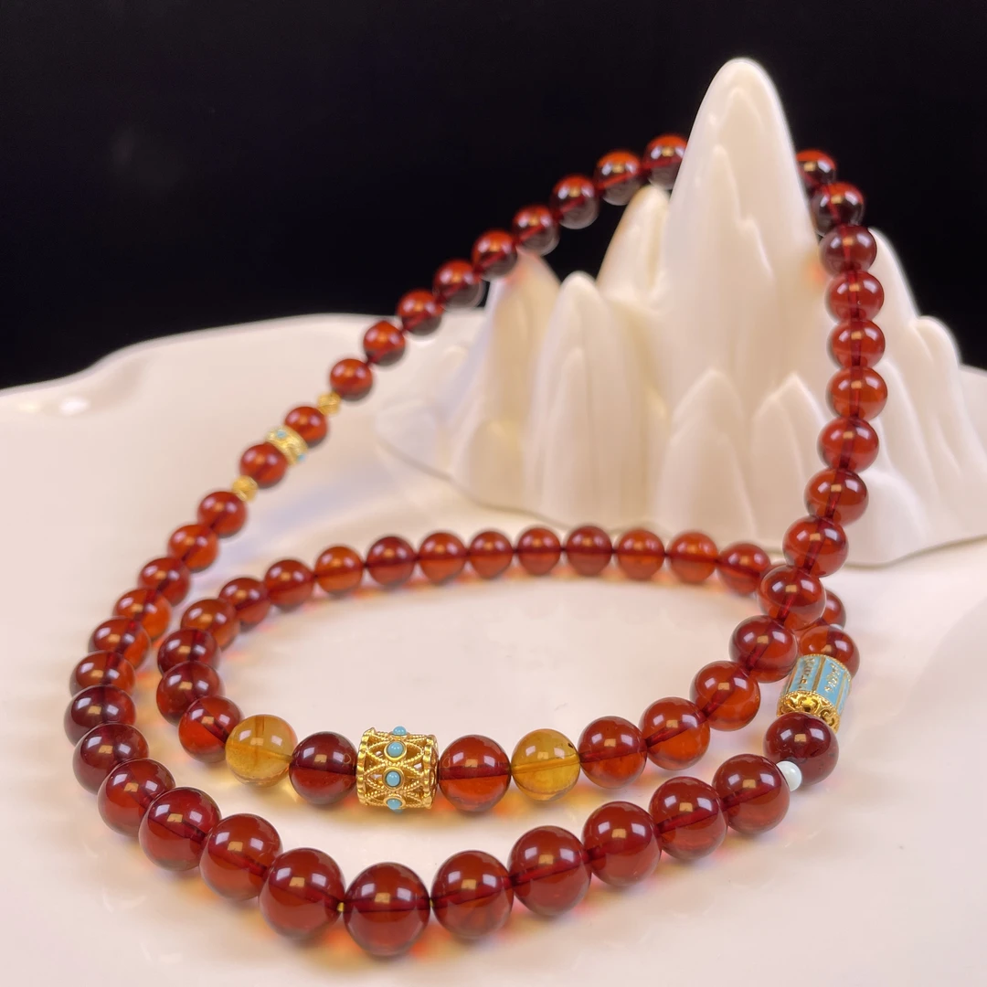 天然缅甸血珀8+mm设计款三圈手串手链项链多戴毛衣链时尚百搭轻奢