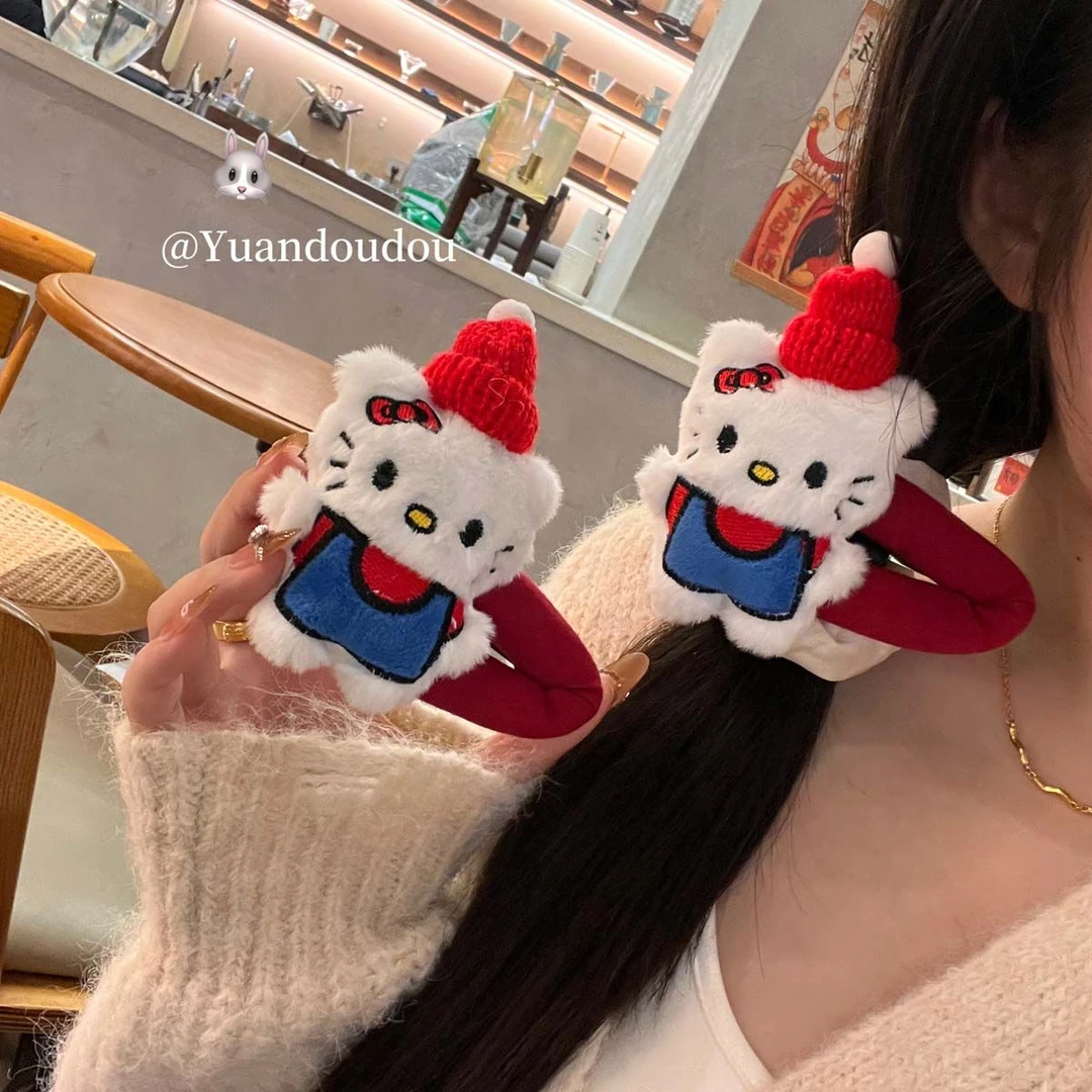 可爱毛绒KT猫圣诞帽掰掰夹发夹甜美酒红少女心卡通刘海夹网红发卡