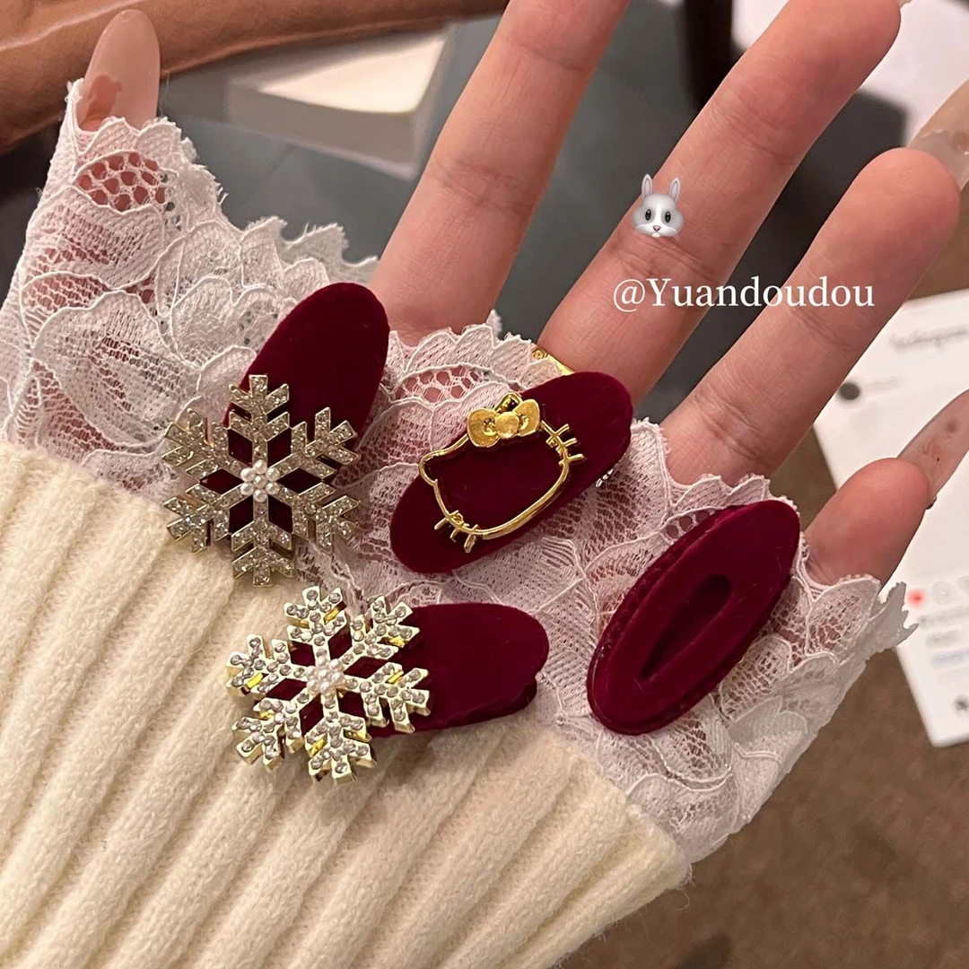 冬日千金酒红贵气感雪花发夹秋冬新款圣诞节闪钻珍珠雪花金属边夹