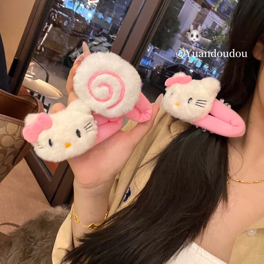 可爱毛绒KT猫鱼饼发夹甜美少女心大号BB夹卡通百搭刘海夹网红发卡