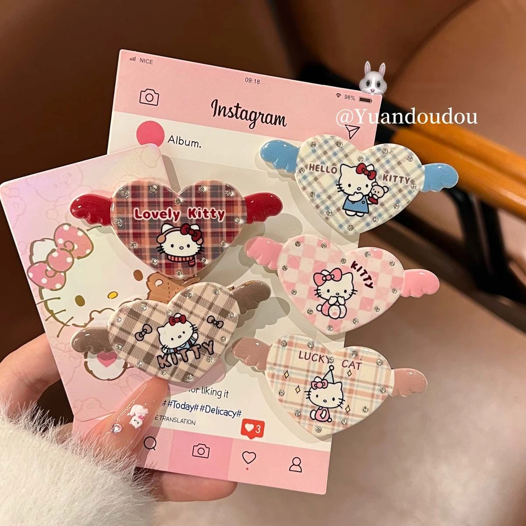 日系爱心翅膀kt发夹格纹闪钻可爱少女心甜美软萌发饰发卡刘海边夹