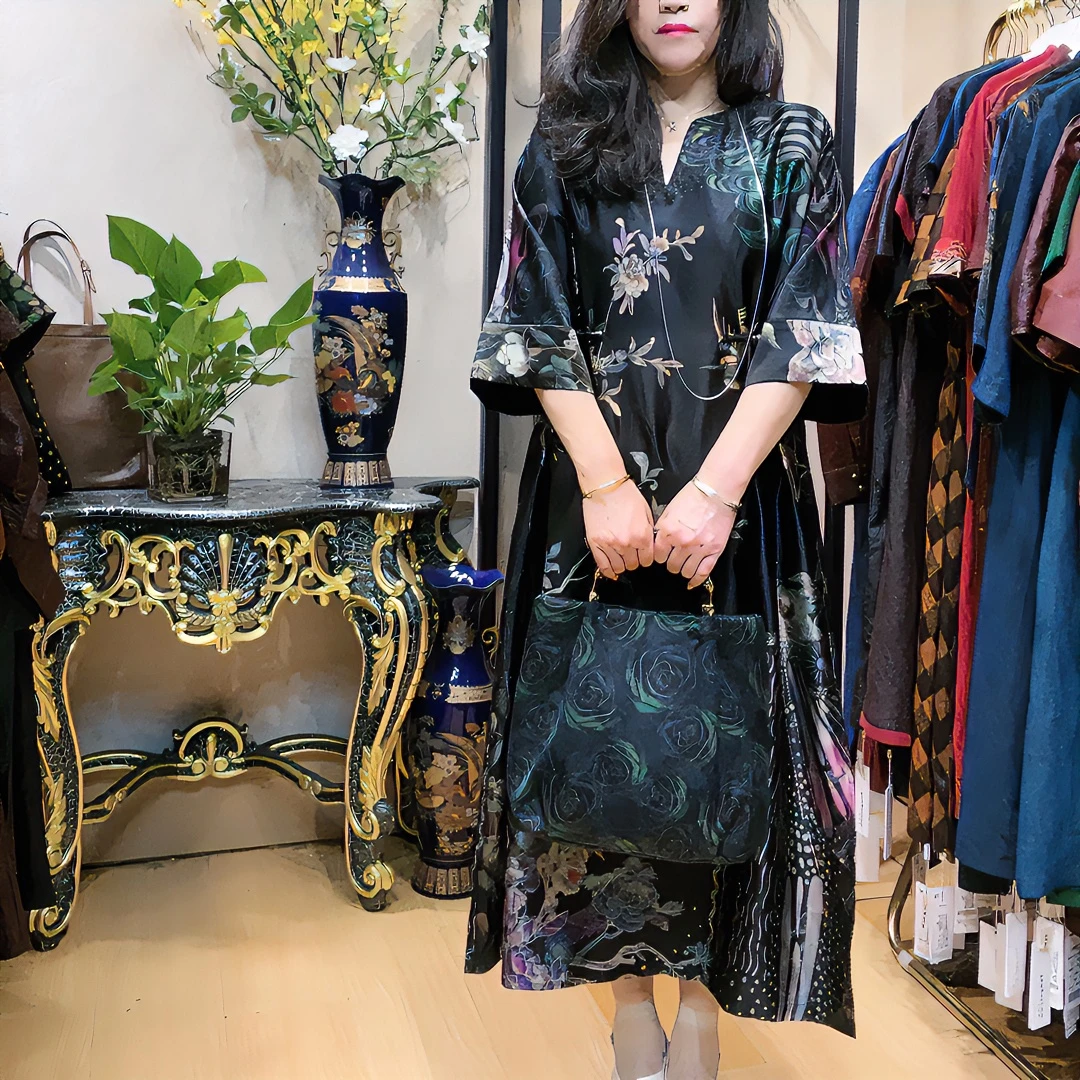 【杭州丝绸】老料香云纱专柜正品重磅真丝时尚重缎新款桑蚕丝连衣裙