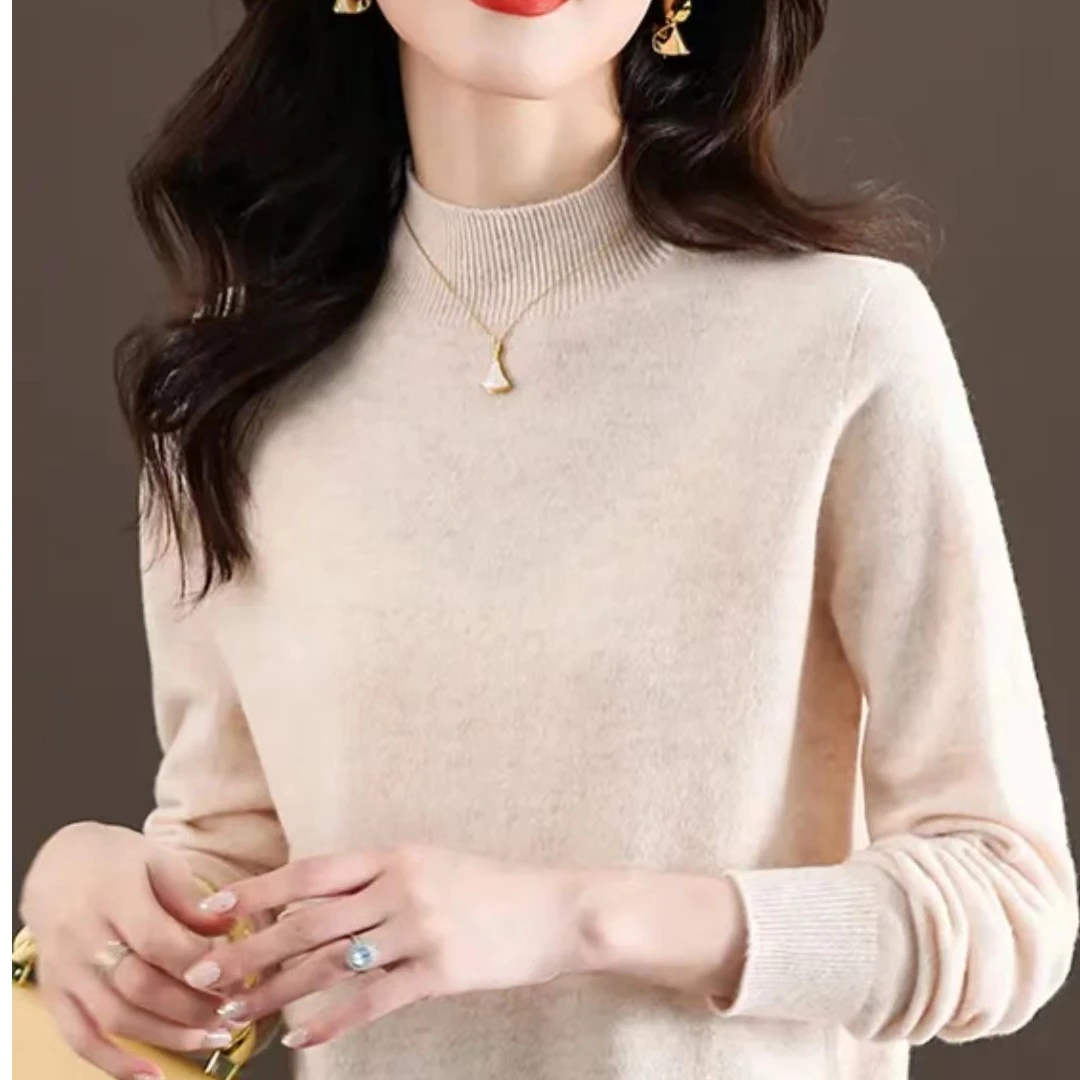 2023新款秋季百搭宽松休闲舒适时尚半高领套头100%羊绒衫