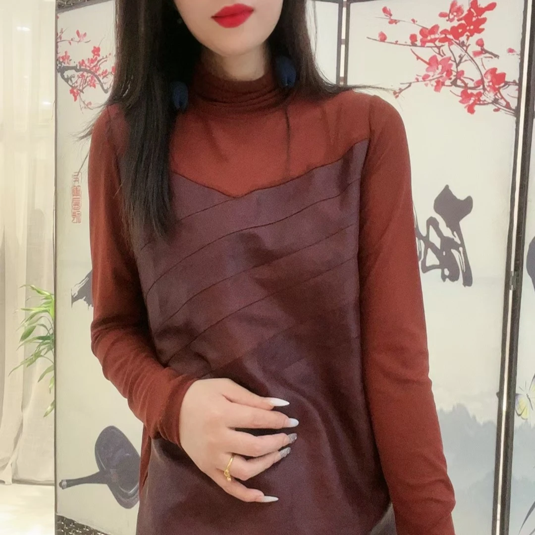 【杭州丝绸】老料香云纱真丝桑蚕丝新款高领打底百搭时尚长袖上衣