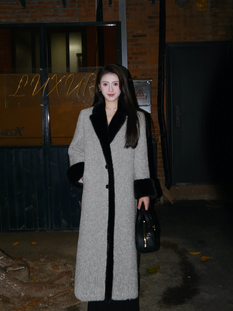 赵又真 「长夜法兰西」复古港风黑灰配色枪驳领厚外套长款羊毛大衣