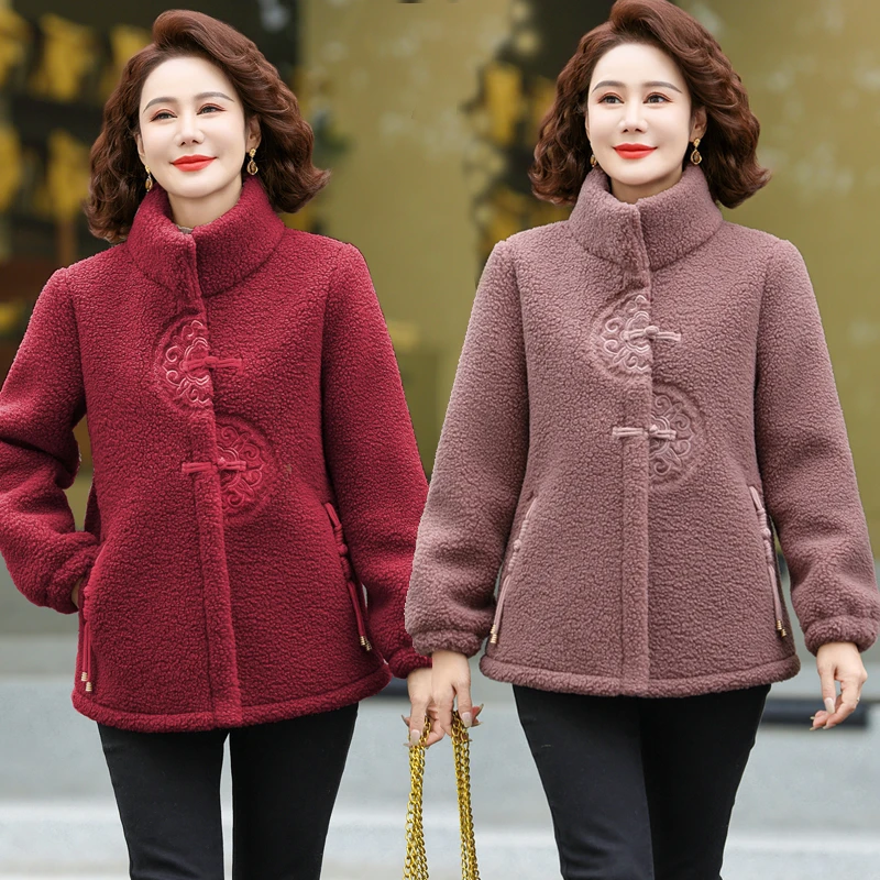 中老年女装冬装新款加绒加厚羊羔绒外套新中式妈妈秋冬颗粒绒棉衣