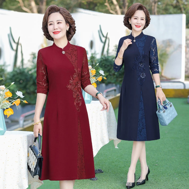 2023新款妈妈春装婚礼连衣裙中老年女装高贵喜婆婆婚宴礼服裙年轻
