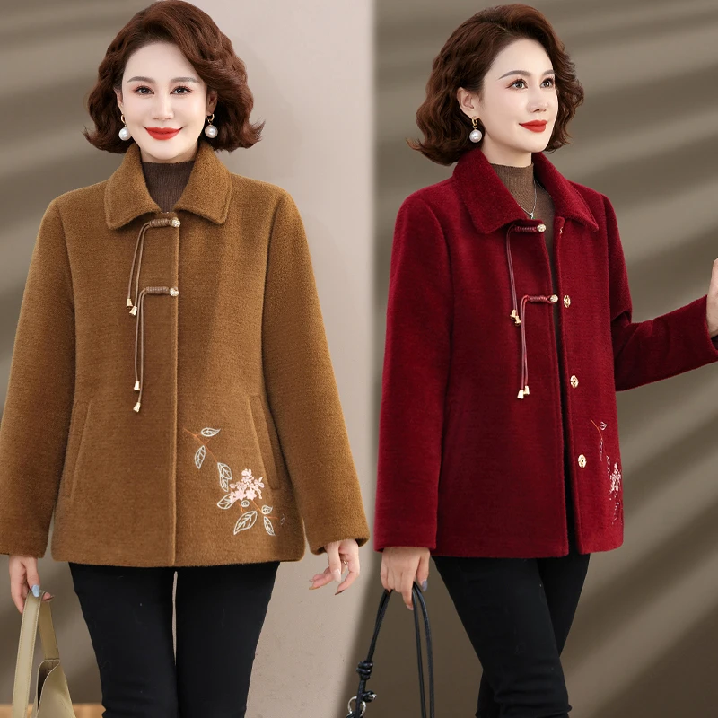 新中式妈妈冬装洋气中老年女士秋冬夹棉上衣秋冬加厚保暖毛呢外套