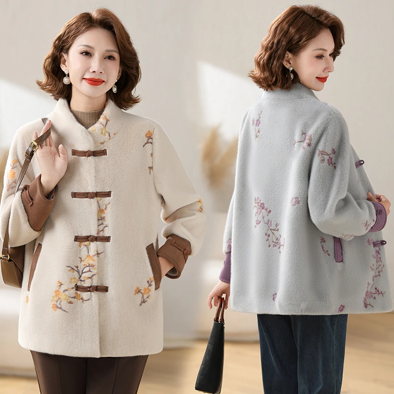 贵夫人冬季洋气仿貂绒外套新款中老年妈妈冬装保暖中式盘扣大衣