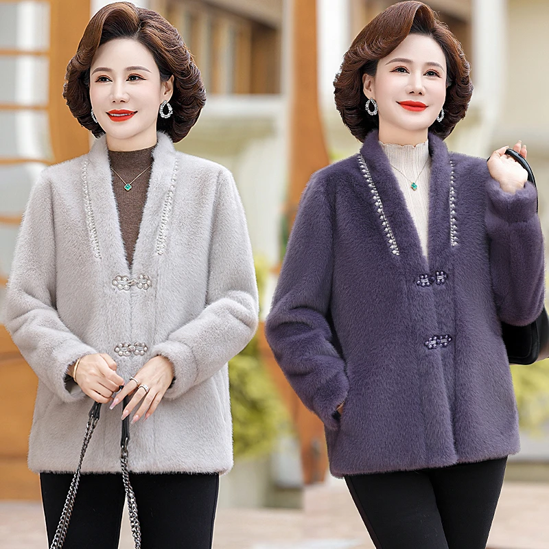 小个子妈妈冬装外套洋气中老年女装秋冬季仿水貂绒时尚短款大衣